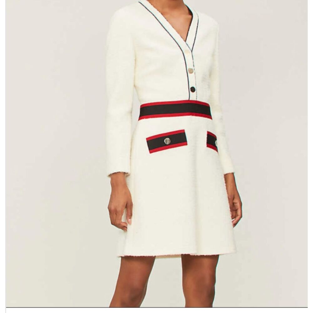 Maje Ivory Tweed Mini Dress Size 1 S Red Navy Waist Band Long Sleeve Zip